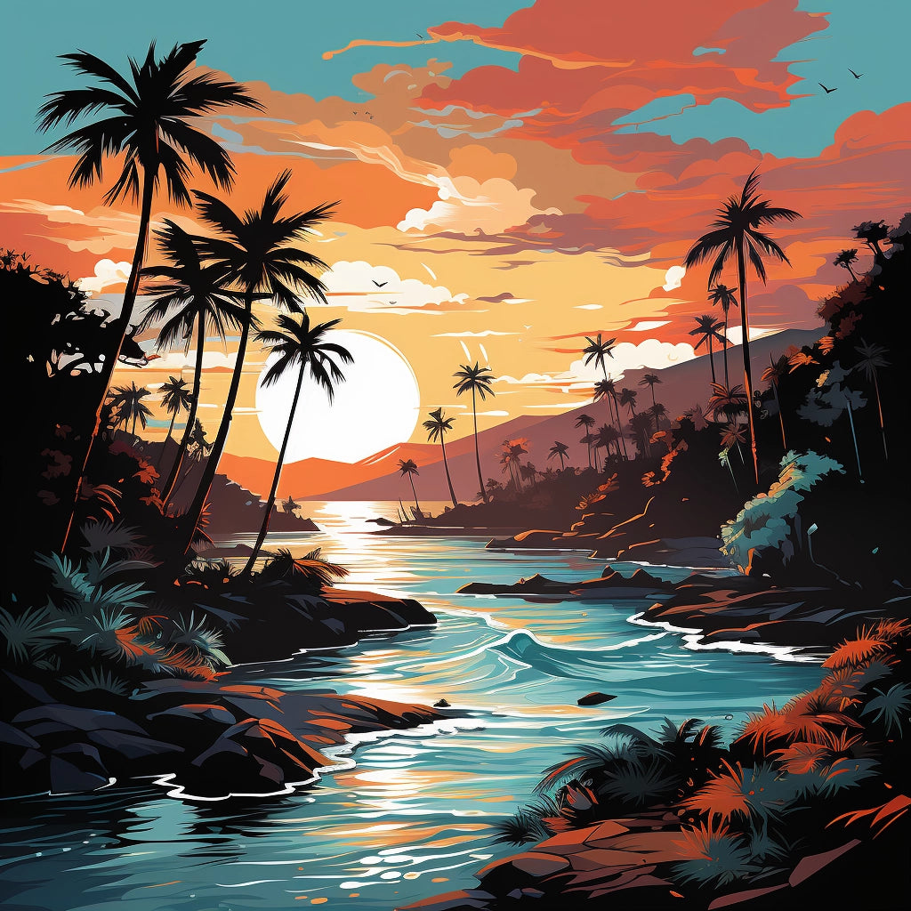 Illustration of a tropical sunset with palm trees, mountains in the background, and a serene river in the foreground.