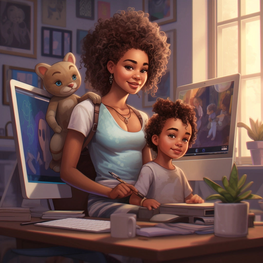 A woman with curly hair and a child sit at a desk with computers, surrounded by artwork and a cat on the woman's shoulder.