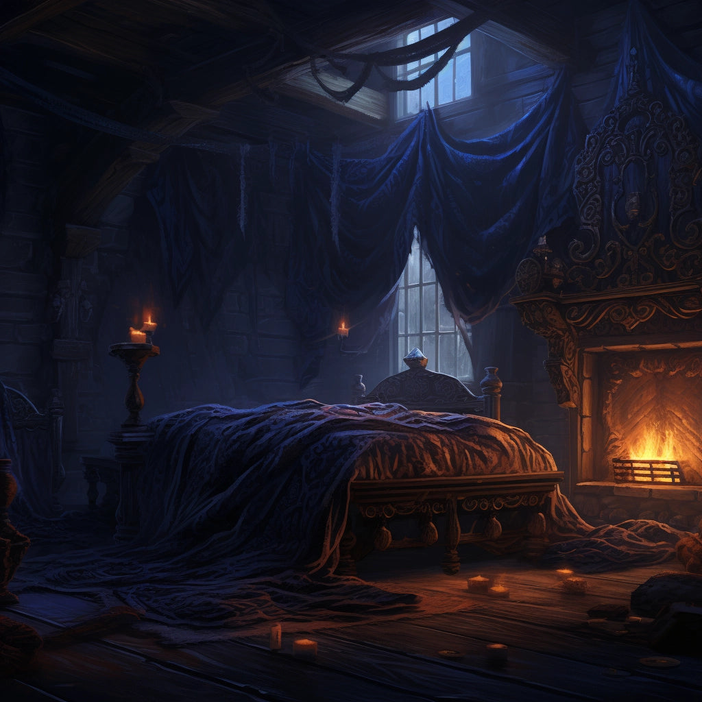 A dimly lit medieval bedroom with a large canopy bed, draped curtains, blazing fireplace, and scattered candles, evoking a mysterious, Gothic atmosphere.