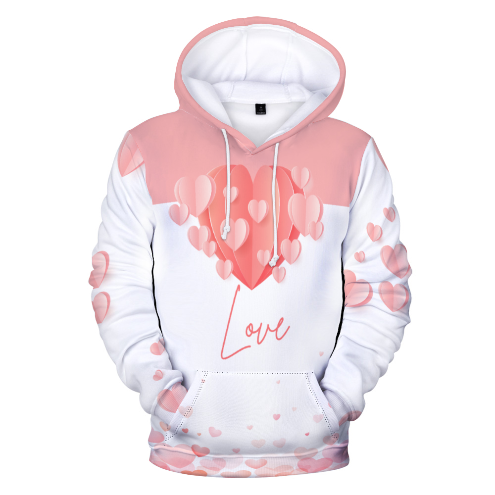 White and pink gradient hoodie with heart balloons and the word "love" printed on it.