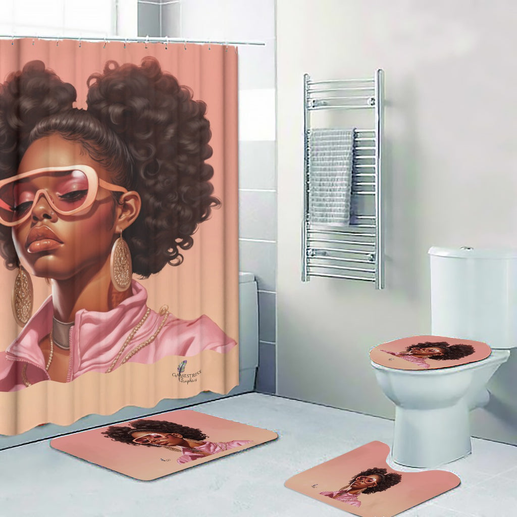A stylishly illustrated shower curtain and coordinating bath mats featuring a portrait of a woman with large hair and sunglasses in a modern bathroom setting.