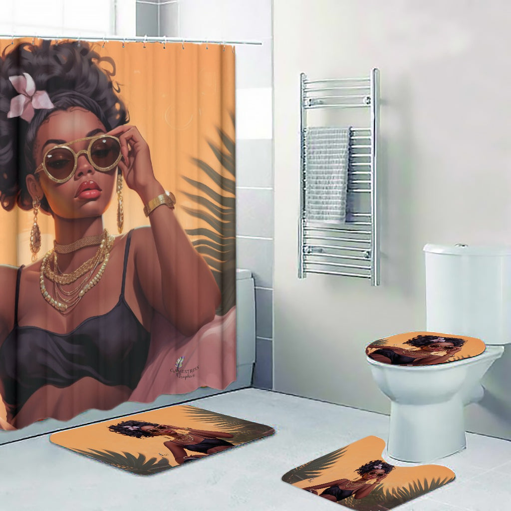 Illustration of a stylish woman featured on bathroom accessories in a modern bathroom setting.