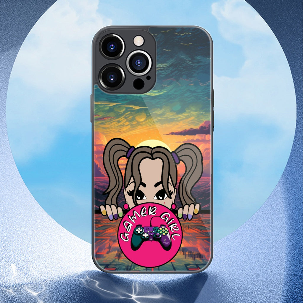 A phone case with a cartoon girl on it.