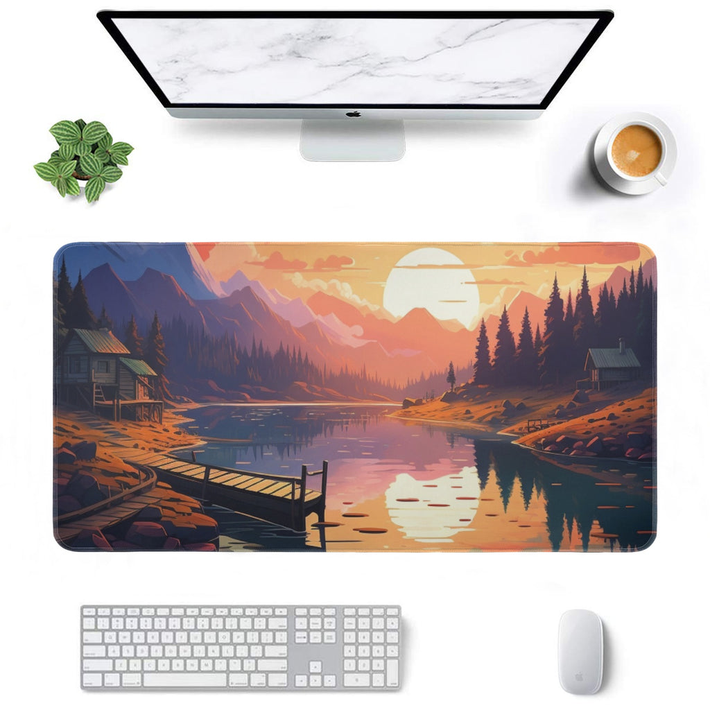 A mouse pad with an image of a lake and mountains.
