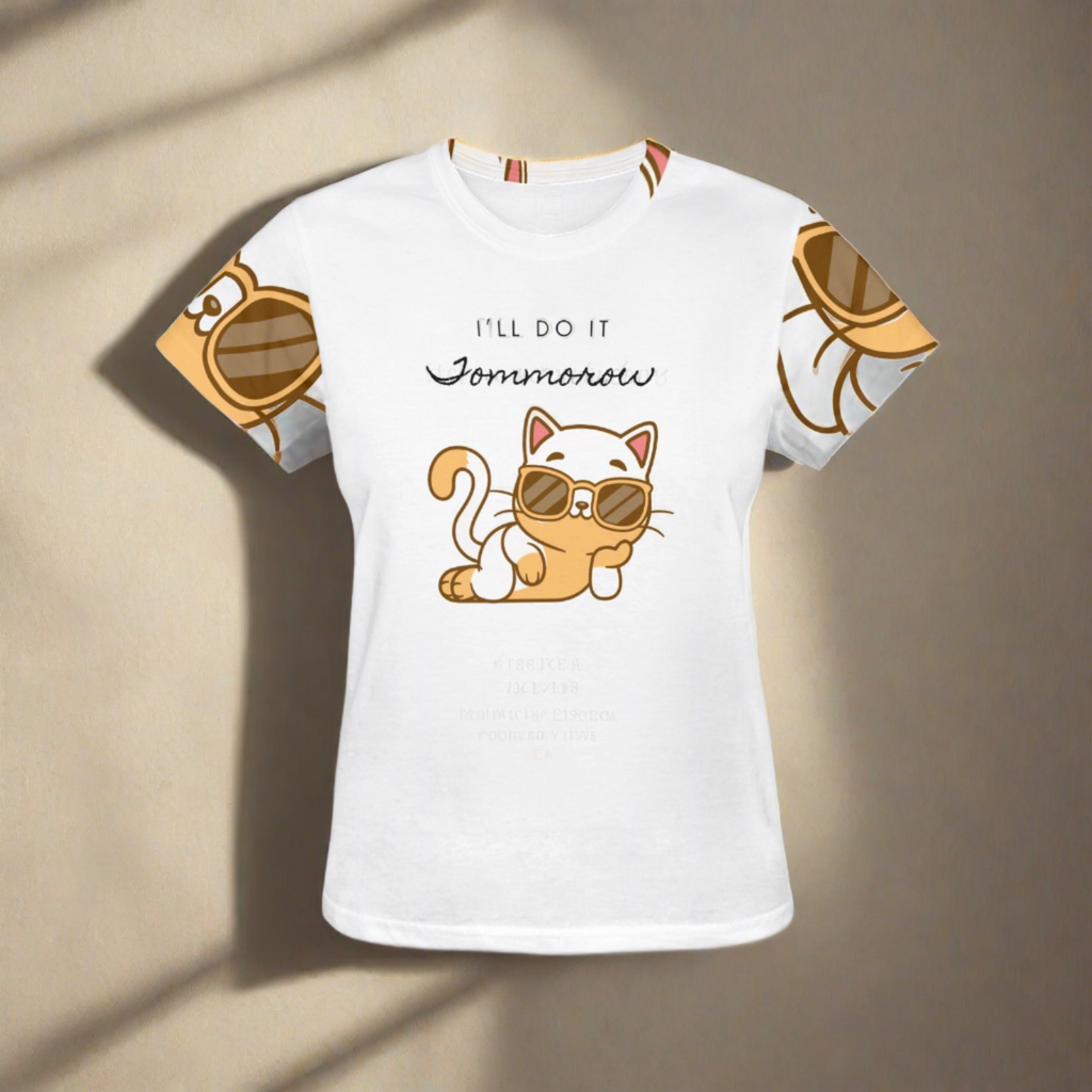 White t-shirt with a cartoon cat wearing sunglasses and the phrase "i'll do it tomorrow" printed on the front.