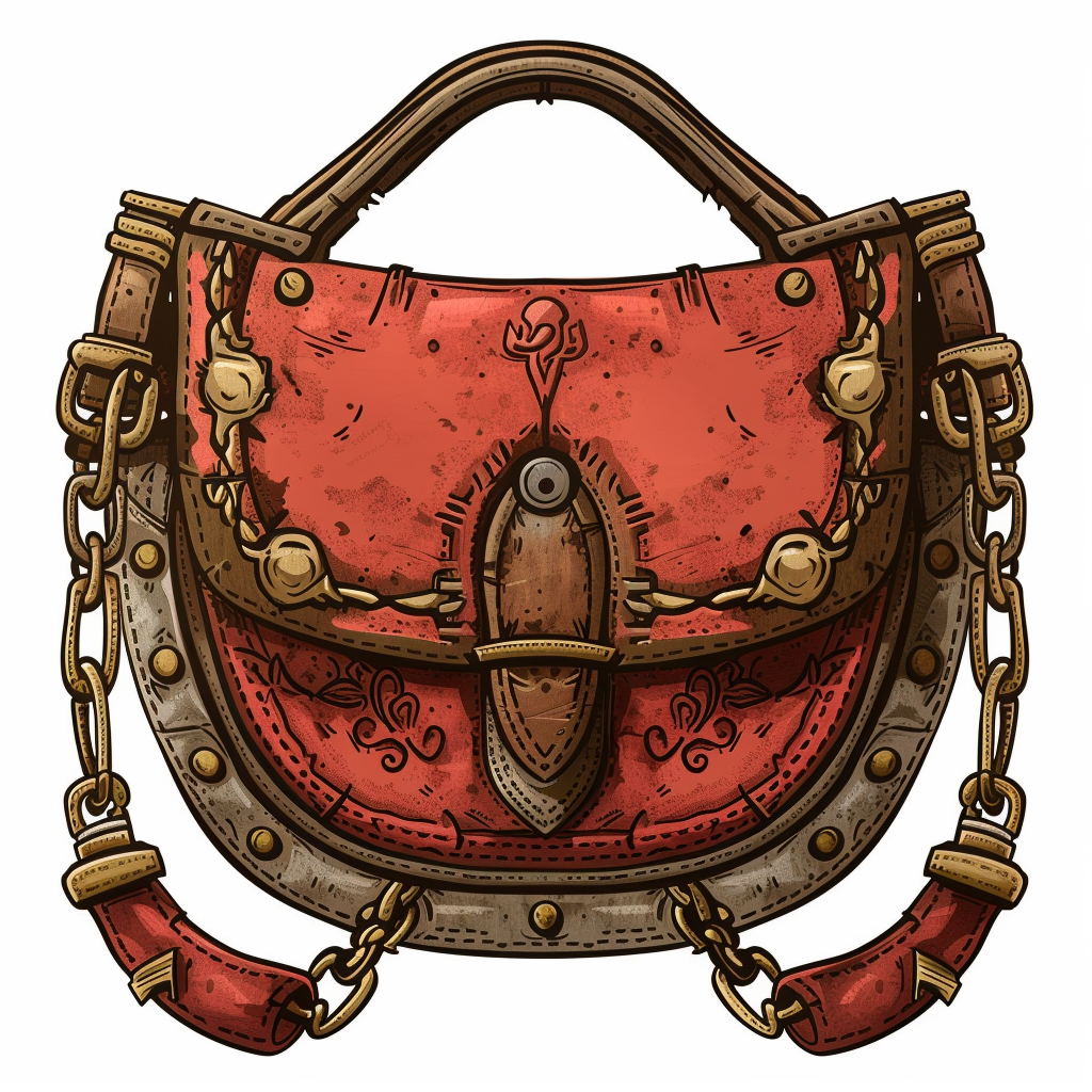Illustration of an ornate medieval-style leather purse with detailed metallic accents and chain straps.
