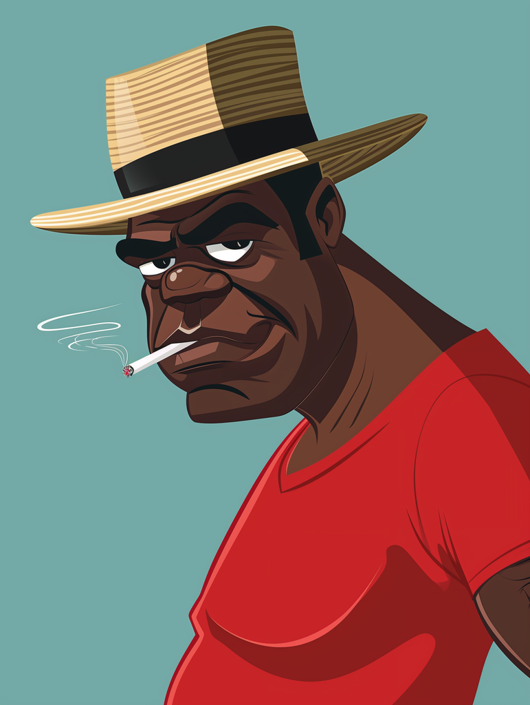 Illustration of a serious-faced man with a brown straw hat and a red shirt, smoking a cigarette against a solid teal background.