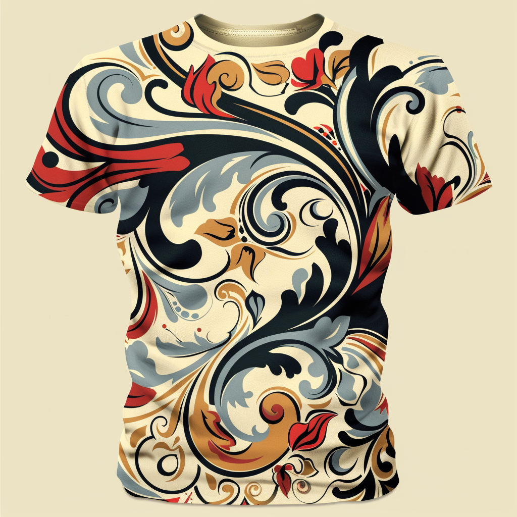 A colorful t-shirt with intricate floral and swirl patterns in red, black, and beige tones on a white background.