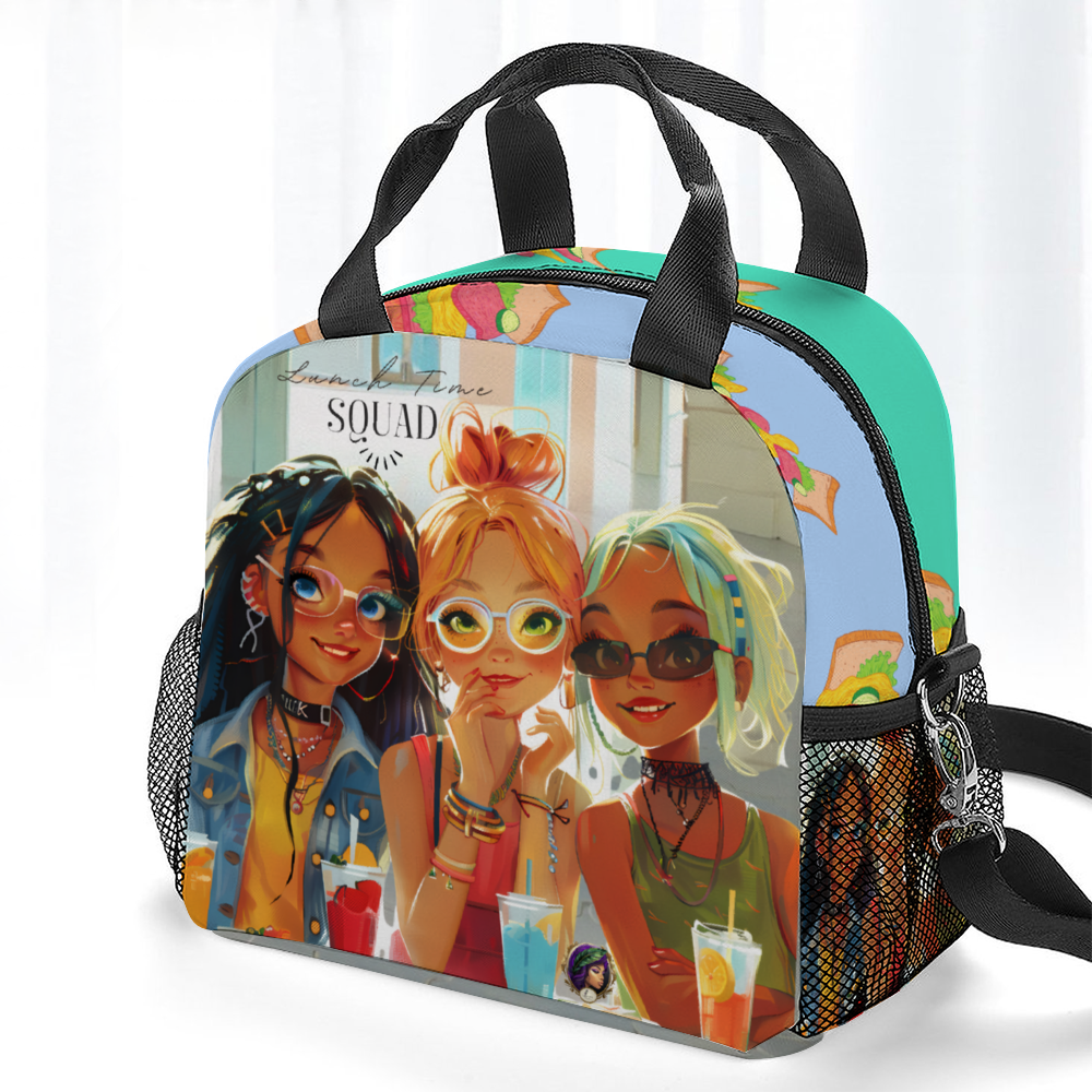 The Lunchtime Squad Insulated Lunch Bag features a thermal transfer print illustration of three girls with different hairstyles and outfits, each with a drink in front of them, sitting together. The word "SQUAD" is visible above their heads.