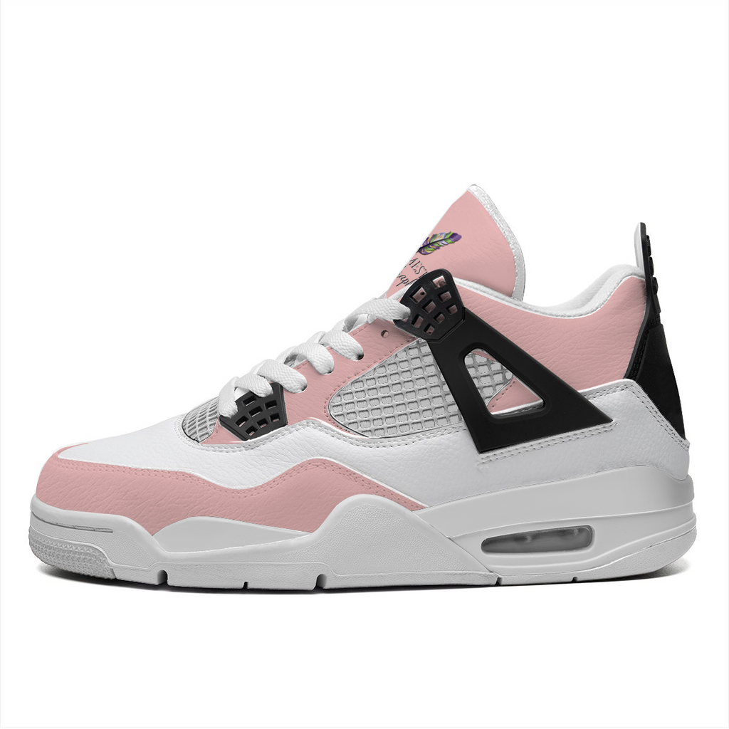 The Blush Breezel Fashion Sneakers showcase a chic white and pink color scheme, complemented by a white padded tongue, black lace eyelets, white soles, and an eye-catching visible air unit in the sole that provides exceptional shock absorption.