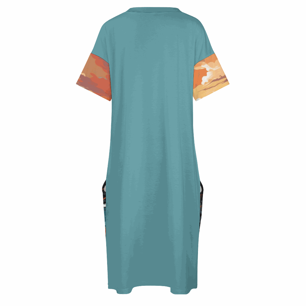 A person wearing an Ocean's Paradise Women's V-neck Dress with Pockets featuring a tropical beach print design.