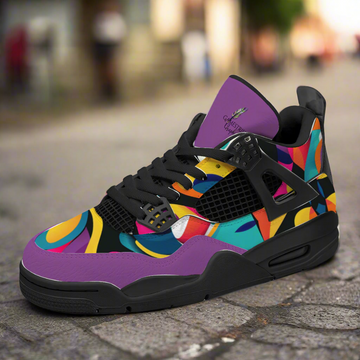 The Kaleidoscope Fashion Sneakers, ideal for both basketball enthusiasts and style aficionados, showcase a blend of vibrant abstract patterns accented with black, purple, and yellow highlights. This lightweight and durable sneaker features a lace-up design tailored for optimal style and performance.