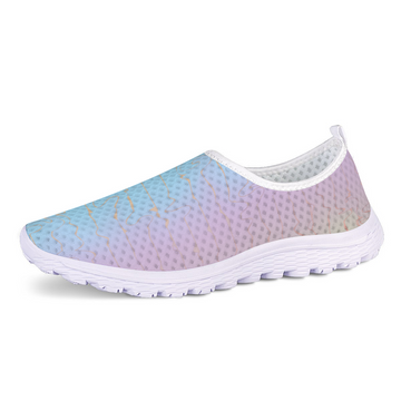 The Pastel River Cushion Kicks feature a single slip-on shoe design with a gradient transition from light blue to pink, complemented by a white sole and breathable mesh fabric. These stylish sneakers are perfect for walking, providing both comfort and slip-resistant grip.