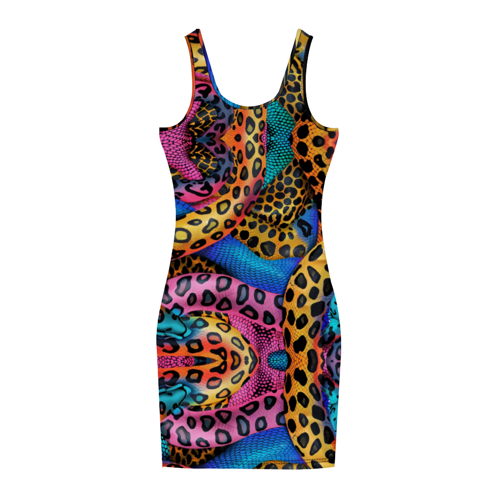 A woman wearing a colorful Snakebait tank dress, holding a smartphone, with visible tattoos and jewelry.