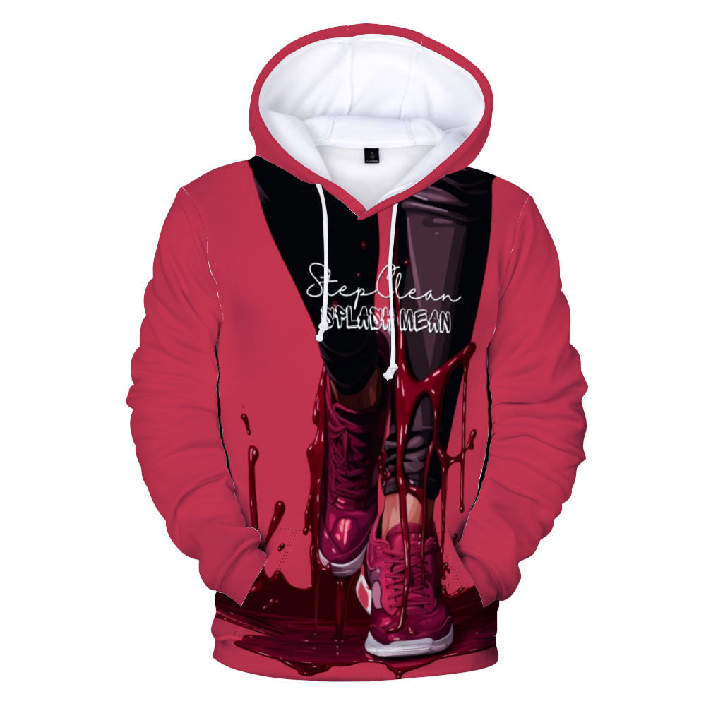Step clean, Splash Mean Plush Hoodies with Pockets: A red plush hoodie with a thermal transfer print of someone wearing red shoes and splashing in red liquid, along with the text "Step Clean, Splash Mean." Perfect for casual style.