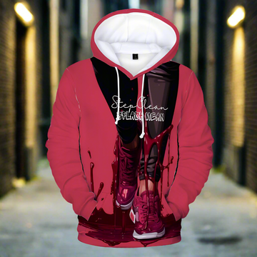 Step clean, Splash Mean Plush Hoodies with Pockets: A red plush hoodie with a thermal transfer print of someone wearing red shoes and splashing in red liquid, along with the text "Step Clean, Splash Mean." Perfect for casual style.