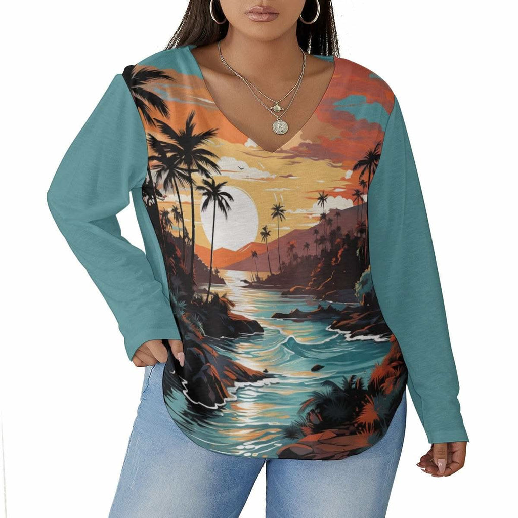  V-neck T-shirt Ocean's Paradise for Women With Curved Hem (Plus Size)