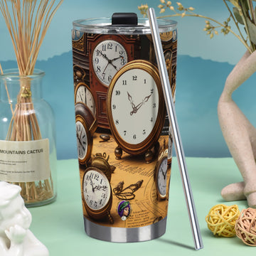 A Tumbler 20oz (with Straw), designed with a collage of vintage clocks and watches, features a spill-resistant lid and comes with a metal straw, gracefully resting on a green surface surrounded by decorative items.