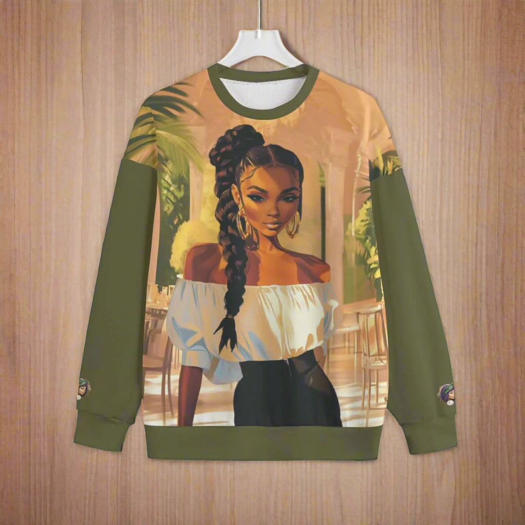 Sweatshirt with a graphic of a woman with braided hair and palm trees on a white background