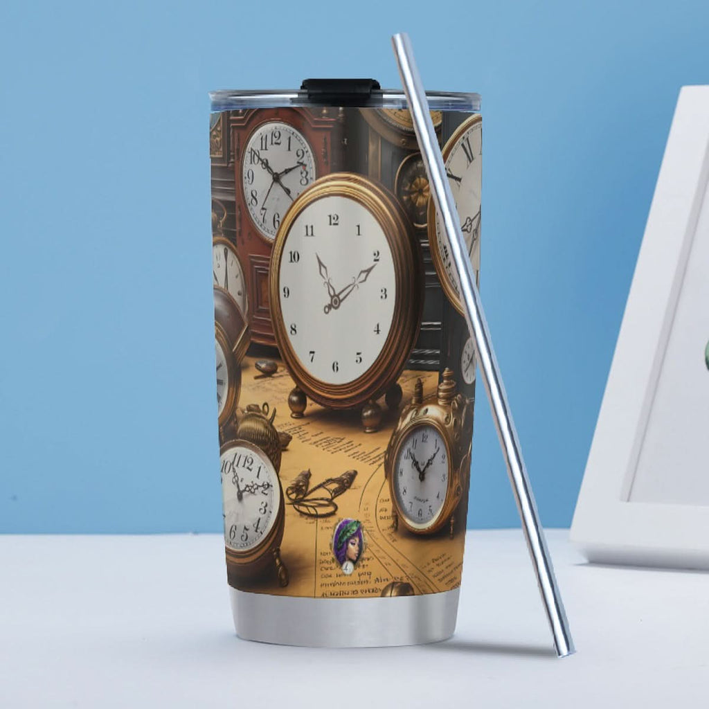 A Tumbler 20oz (with Straw), designed with a collage of vintage clocks and watches, features a spill-resistant lid and comes with a metal straw, gracefully resting on a green surface surrounded by decorative items.
