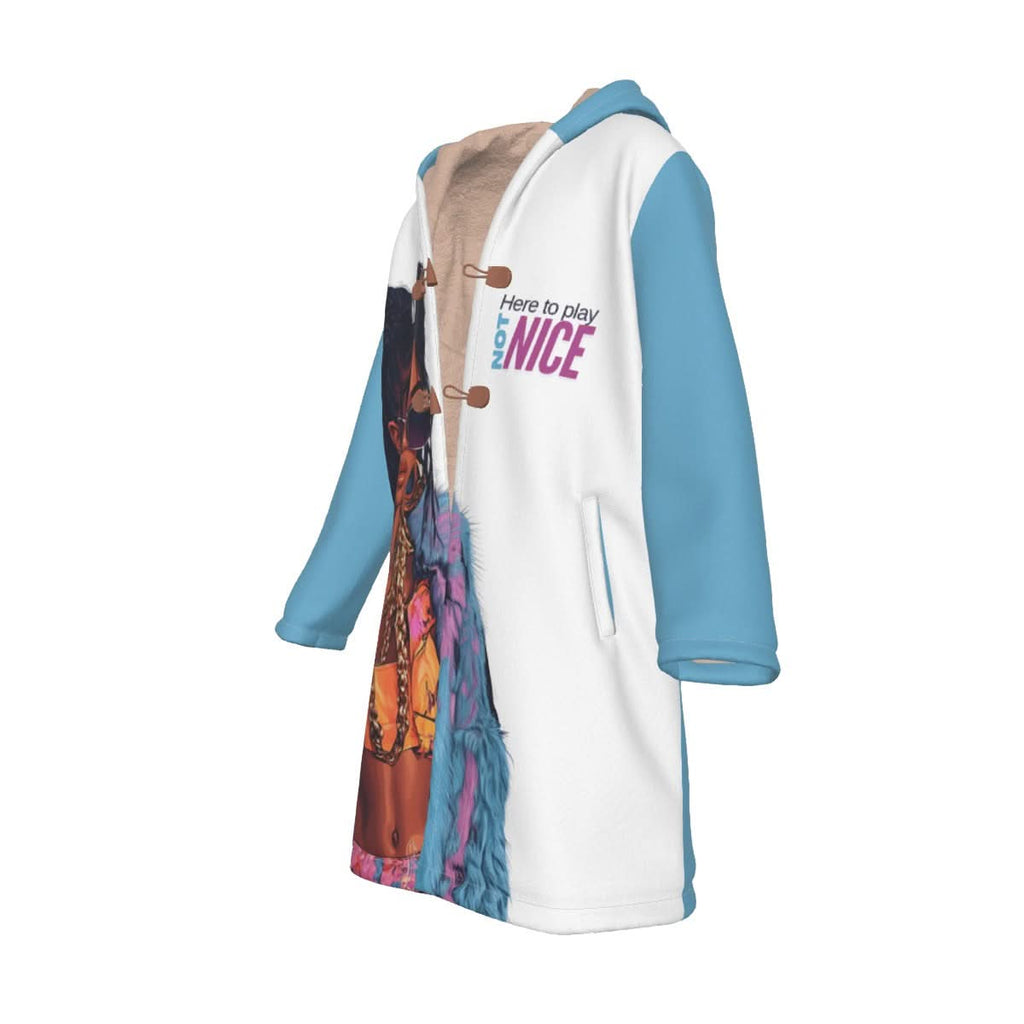 The Not Here to Play Nice Horn Button Long Fleece Blanket Windbreaker showcases a design with blue sleeves made from fuzzy fleece, adorned with a vibrant illustration of a woman wearing sunglasses and jewelry, accompanied by the text "Here to be nice, not." This piece is ideal for casual streetwear enthusiasts eager to make a bold statement.