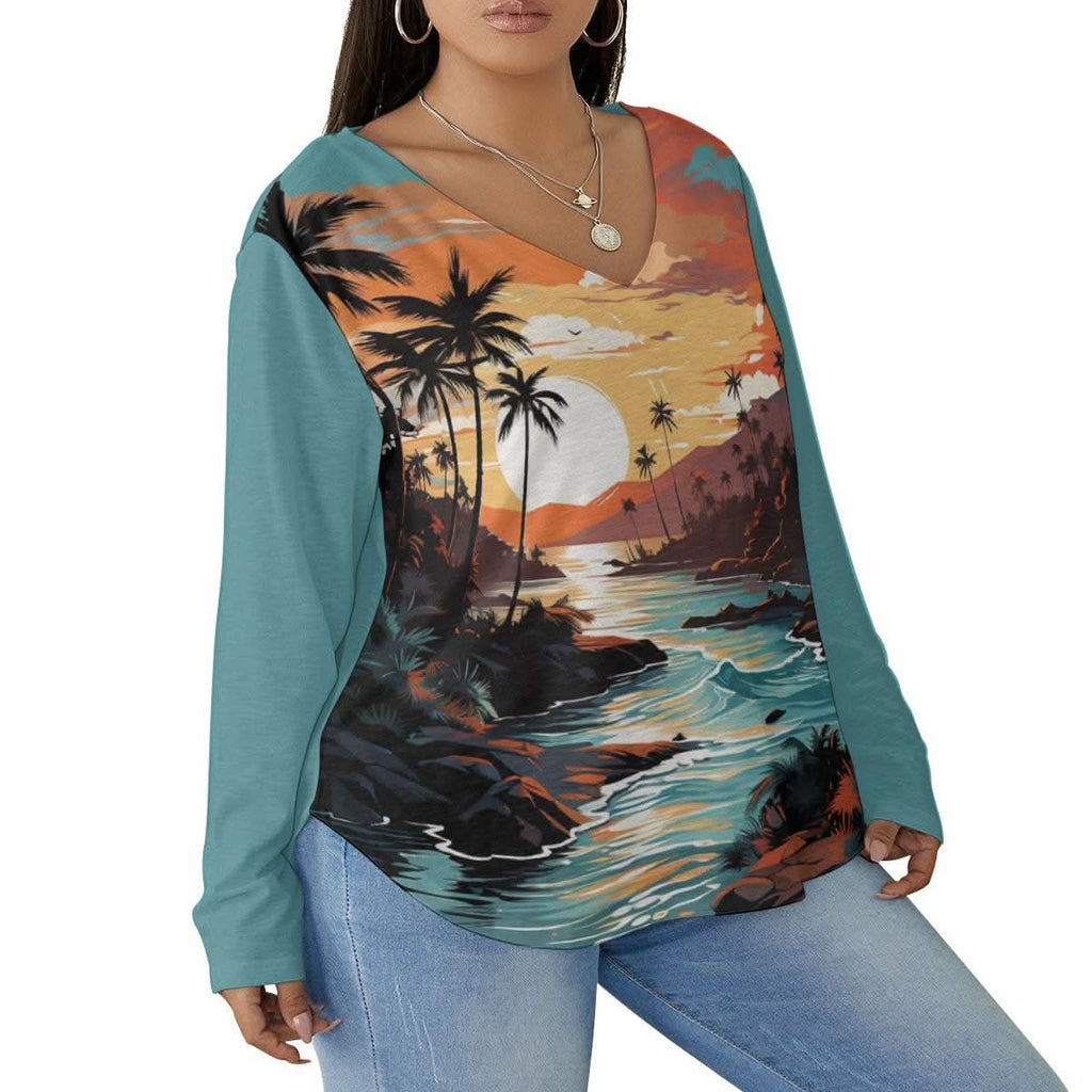  V-neck T-shirt Ocean's Paradise for Women With Curved Hem (Plus Size)