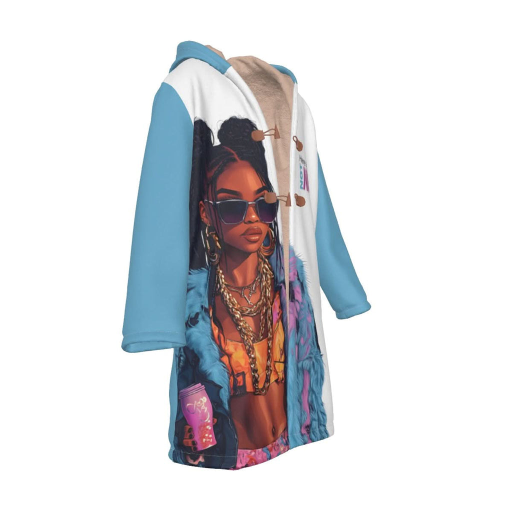 The Not Here to Play Nice Horn Button Long Fleece Blanket Windbreaker showcases a design with blue sleeves made from fuzzy fleece, adorned with a vibrant illustration of a woman wearing sunglasses and jewelry, accompanied by the text "Here to be nice, not." This piece is ideal for casual streetwear enthusiasts eager to make a bold statement.