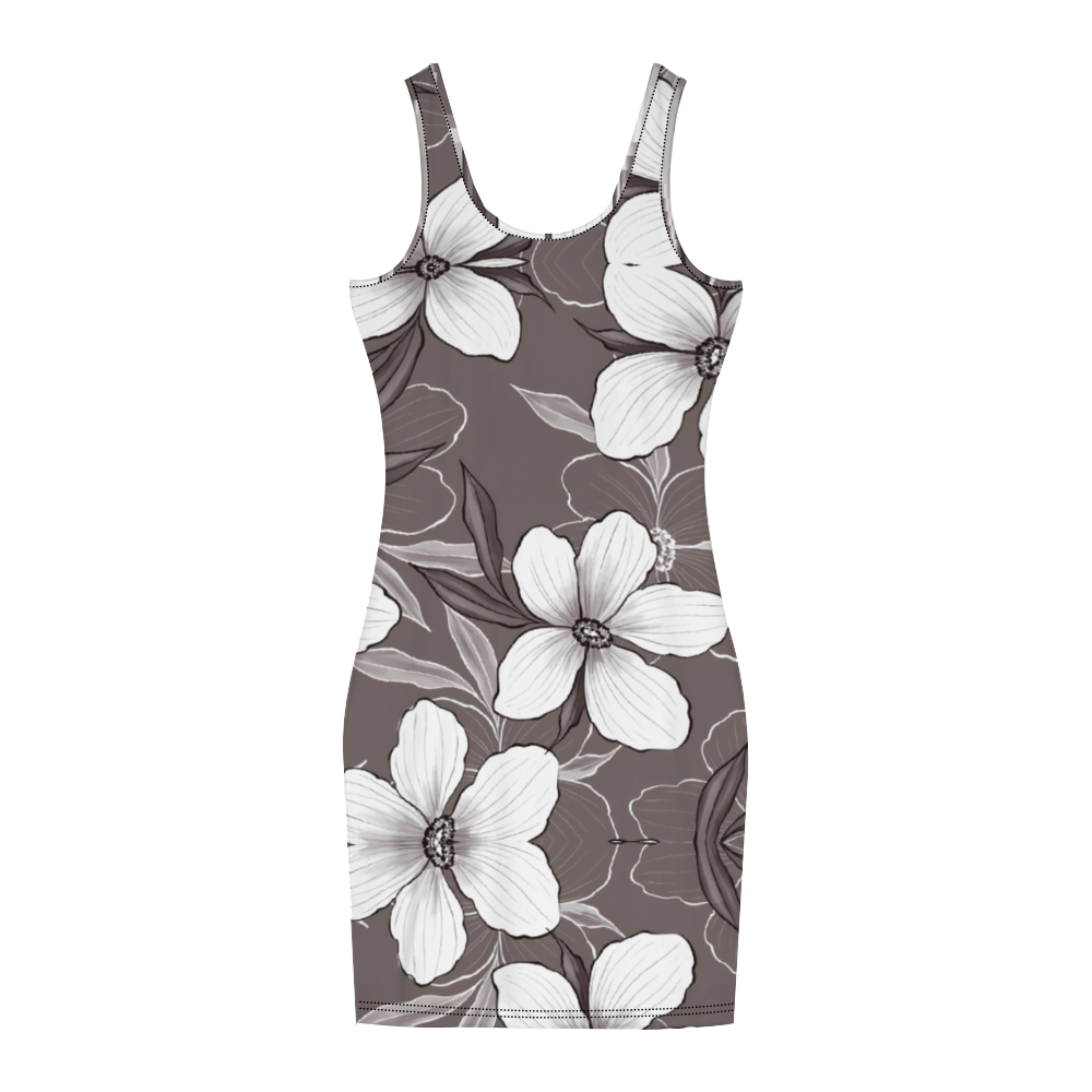 A woman in the White Blossoms Women's Tank Dress holds a phone while wearing hoop earrings and a necklace.