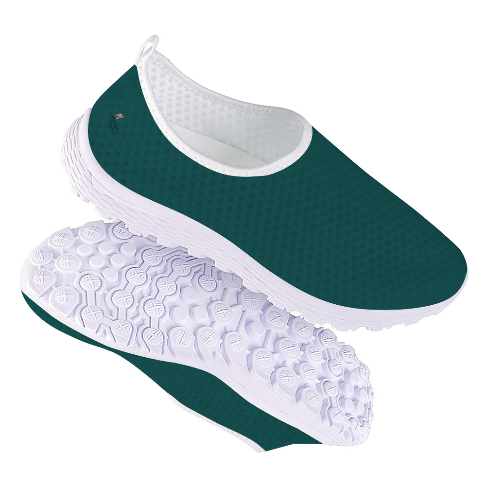 Meet the Philly Jawn Cushion Kicks: teal slip-on sneakers designed for style and functionality, with a breathable mesh upper, white trim, cushioned textured sole, and slip-resistant technology.