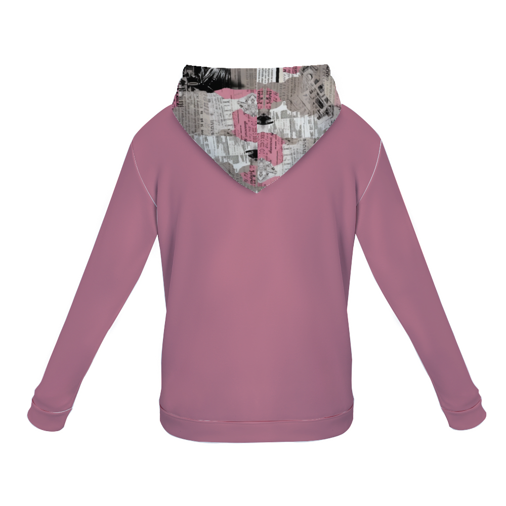 A Pretty Confidential Plush Hoodie with Pockets with pink sleeves and a collage-style design on the body featuring newspaper clippings and a woman's face, perfect for casual style while staying warm and soft.