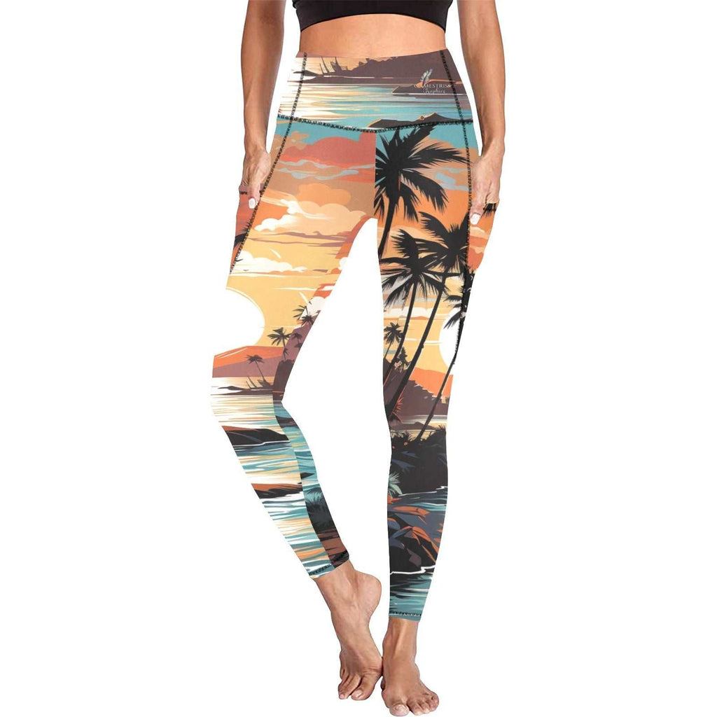 High Waist Leggings- Ocean's Paradise High Waist Leggings with Pockets