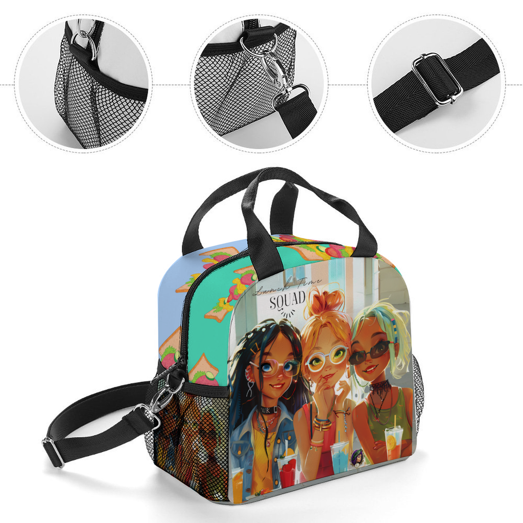 The Lunchtime Squad Insulated Lunch Bag features a thermal transfer print illustration of three girls with different hairstyles and outfits, each with a drink in front of them, sitting together. The word "SQUAD" is visible above their heads.