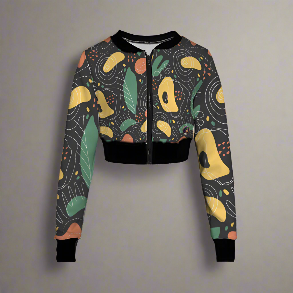 The Autumn Maze Women's Full Zipper Crop Jacket is a stylish black jacket featuring a colorful abstract pattern with shapes and lines in yellow, green, and orange hues. This high-quality printing jacket has a zipper front and black cuffs, making it perfect for adding a splash of color to any outfit.