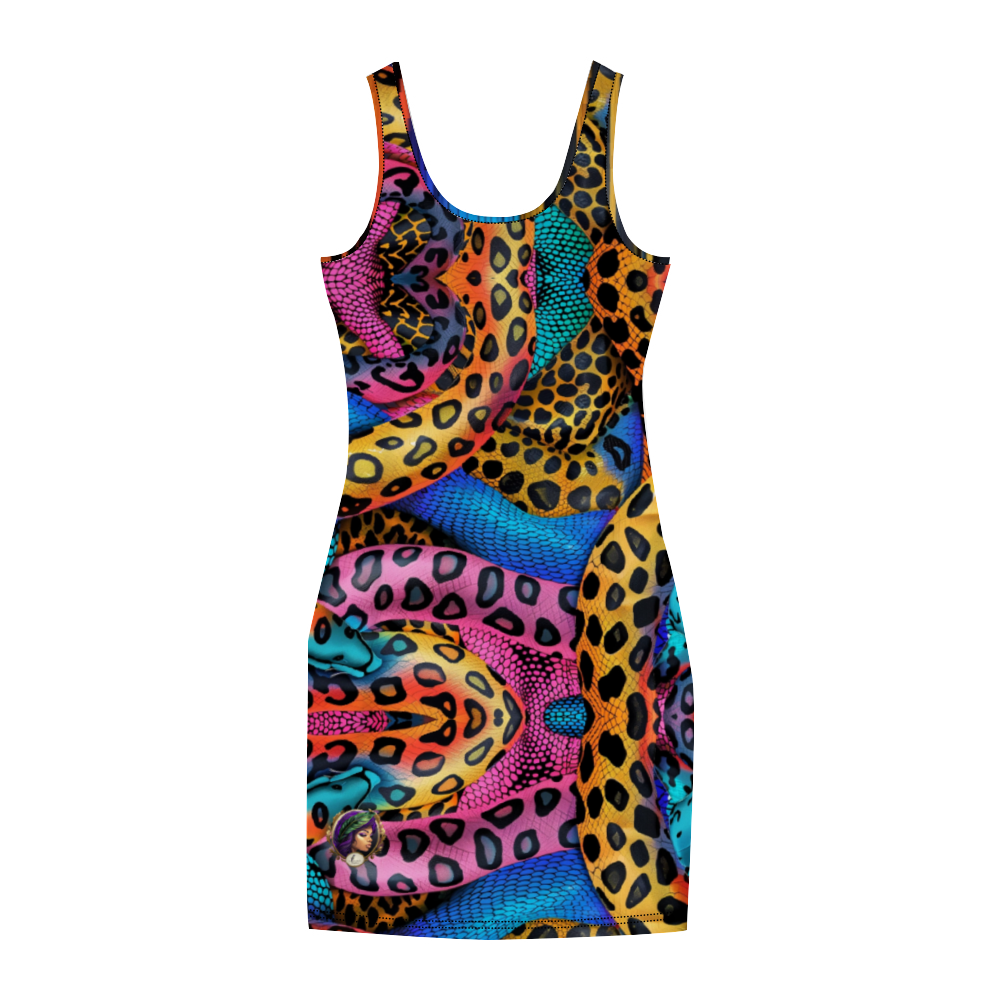 A woman wearing a colorful Snakebait tank dress, holding a smartphone, with visible tattoos and jewelry.