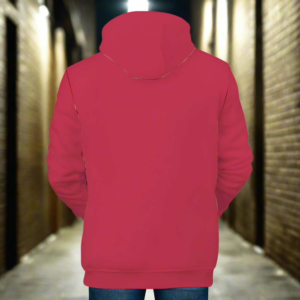 Step clean, Splash Mean Plush Hoodies with Pockets: A red plush hoodie with a thermal transfer print of someone wearing red shoes and splashing in red liquid, along with the text "Step Clean, Splash Mean." Perfect for casual style.