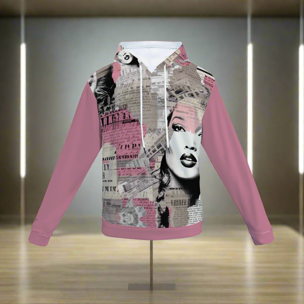 A Pretty Confidential Plush Hoodie with Pockets with pink sleeves and a collage-style design on the body featuring newspaper clippings and a woman's face, perfect for casual style while staying warm and soft.
