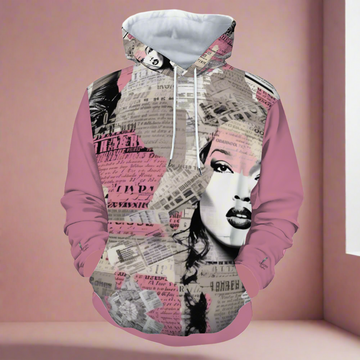 A Pretty Confidential Plush Hoodie with Pockets with pink sleeves and a collage-style design on the body featuring newspaper clippings and a woman's face, perfect for casual style while staying warm and soft.
