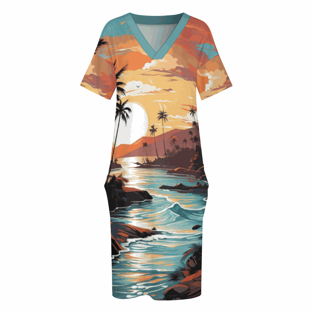 A person wearing an Ocean's Paradise Women's V-neck Dress with Pockets featuring a tropical beach print design.