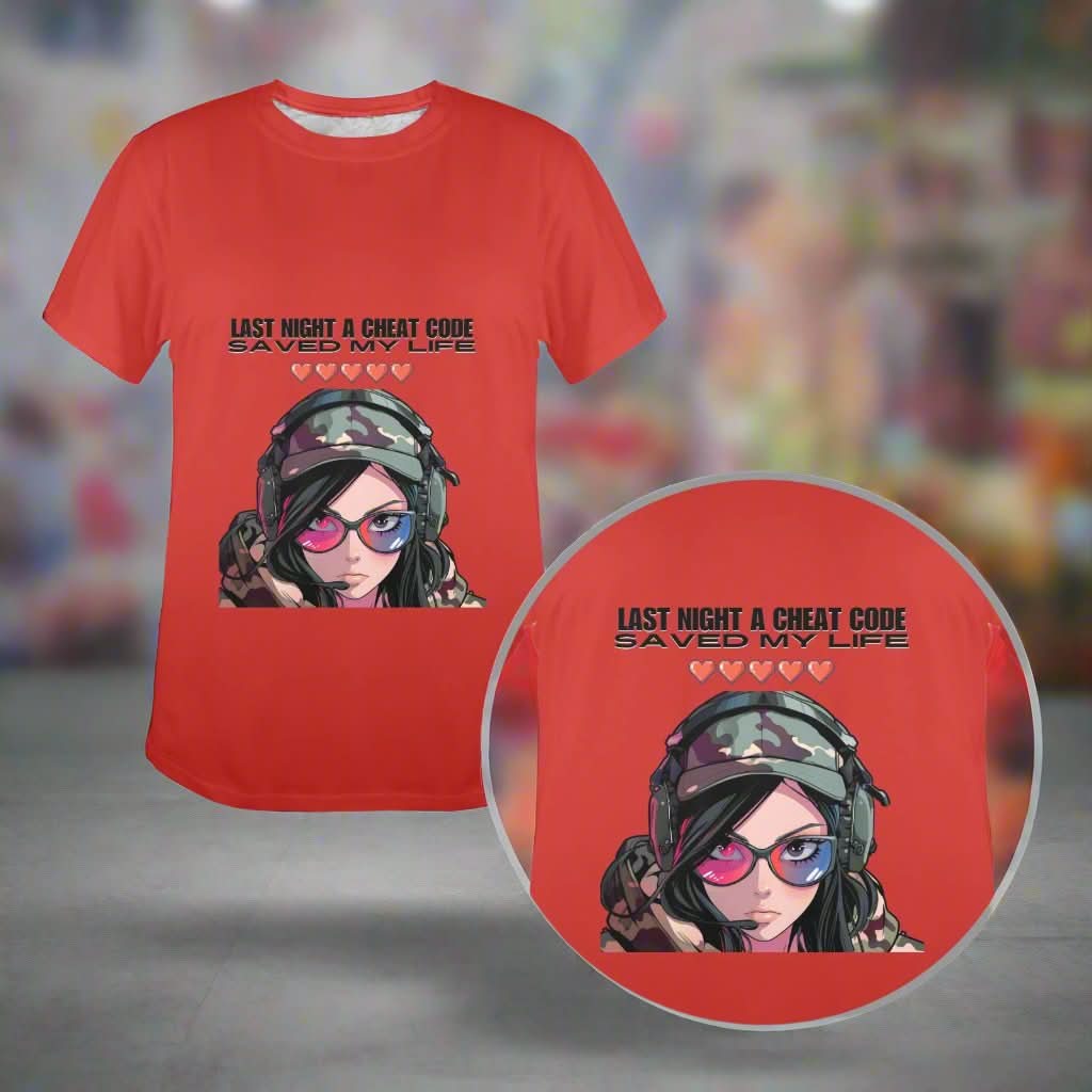 a red t-shirt with an image of a video game charcter woman with the words "Last Night A Cheat Code Saved My Life Classic Women's T-Shirt"