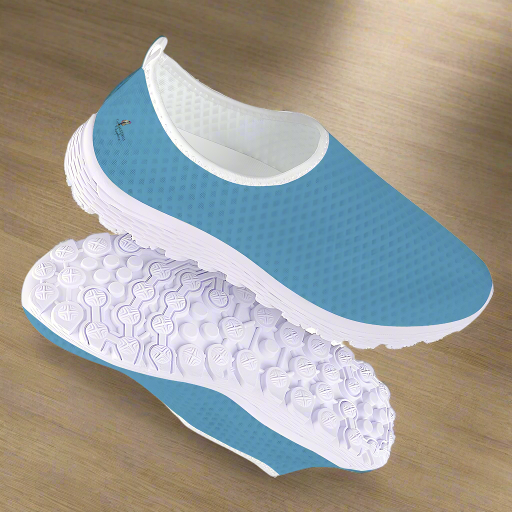 Introducing the "Not Here To Play Nice Cushion Kicks," a slip-on sneaker in sky blue with a white sole, designed with a breathable mesh upper and slip-resistant grip.