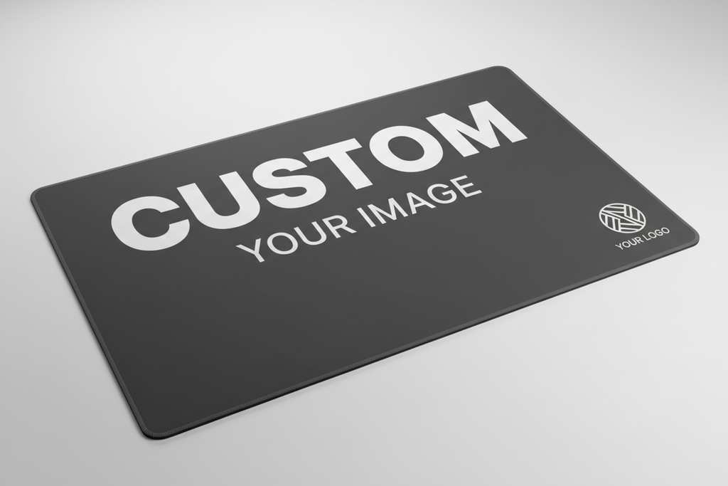 a deskmat with the words custom, your image and your logo