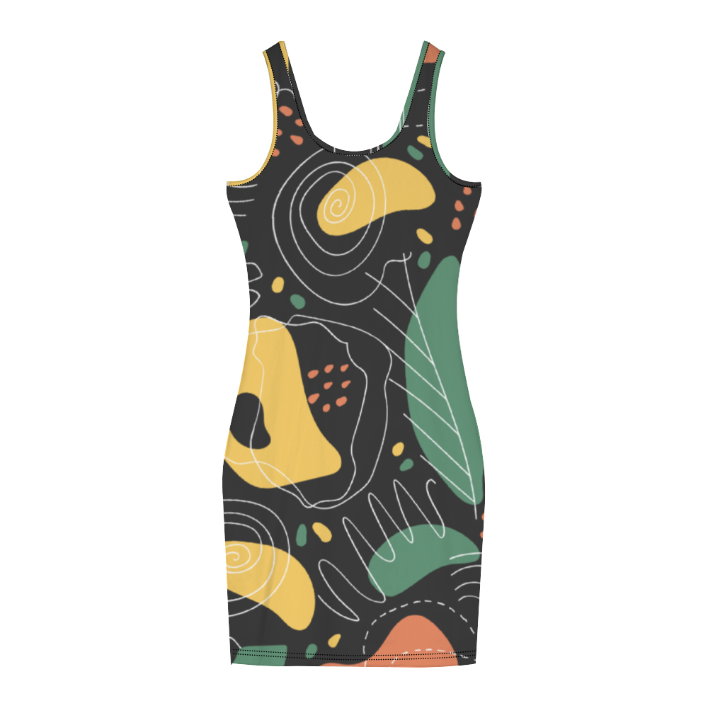 A woman wearing the Autumn Maze Women's Tank Dress, a soft and comfortable black sleeveless dress with unique, abstract multicolored patterns, holds a smartphone in her hand.