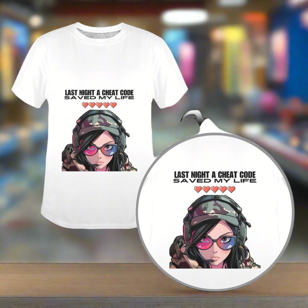 a t-shirt image with an image of a video game charcter woman with the words "Last Night A Cheat Code Saved My Life Classic Women's T-Shirt"