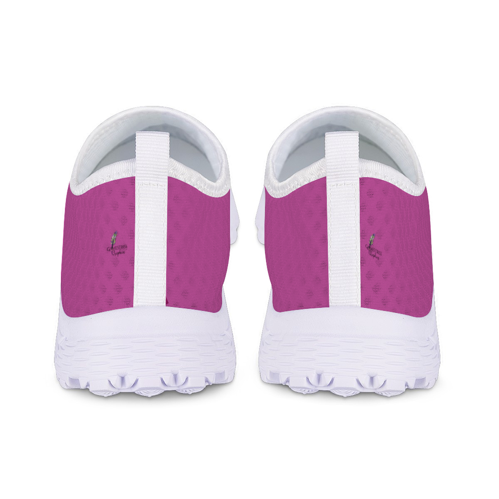 The Melanin Love Cushion Kicks are stylish slip-on sneakers in pink, featuring a slip-resistant white sole and a perforated mesh fabric design.