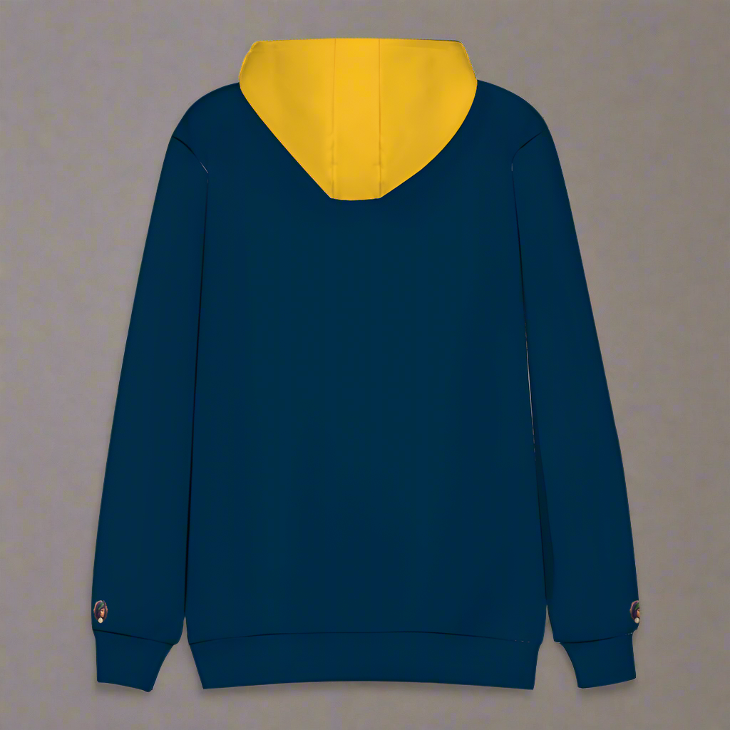 This navy and yellow pullover sweatshirt from the "Don't Be Salty" collection features a vibrant thermal transfer print of a person in a yellow dress with an umbrella, accompanied by the playful text "Don't Be Salty.