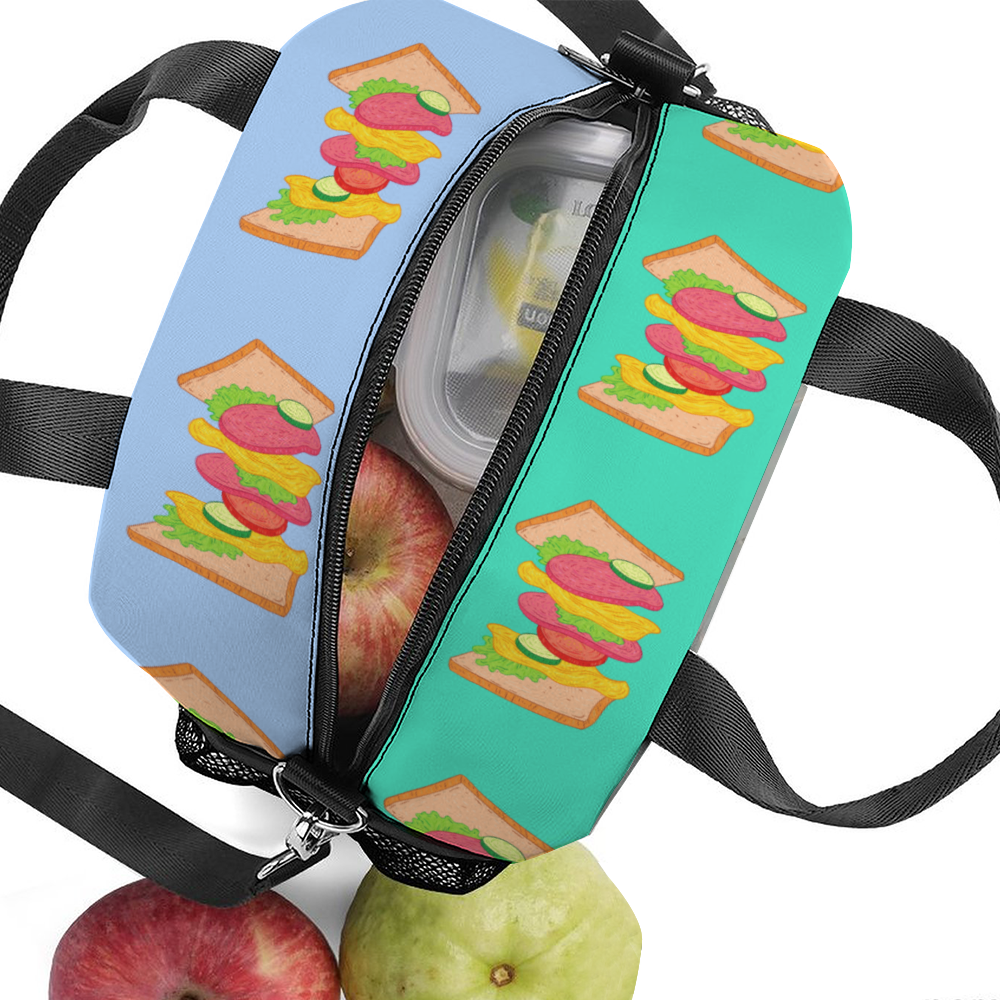 The Lunchtime Squad Insulated Lunch Bag features a thermal transfer print illustration of three girls with different hairstyles and outfits, each with a drink in front of them, sitting together. The word "SQUAD" is visible above their heads.