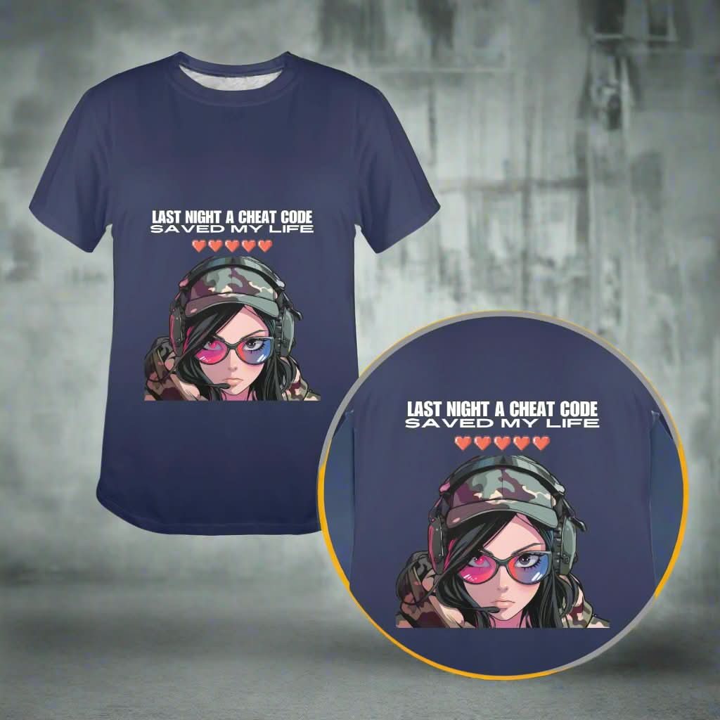 blue t-shirt image with an image of a video game charcter woman with the words "Last Night A Cheat Code Saved My Life Classic Women's T-Shirt"