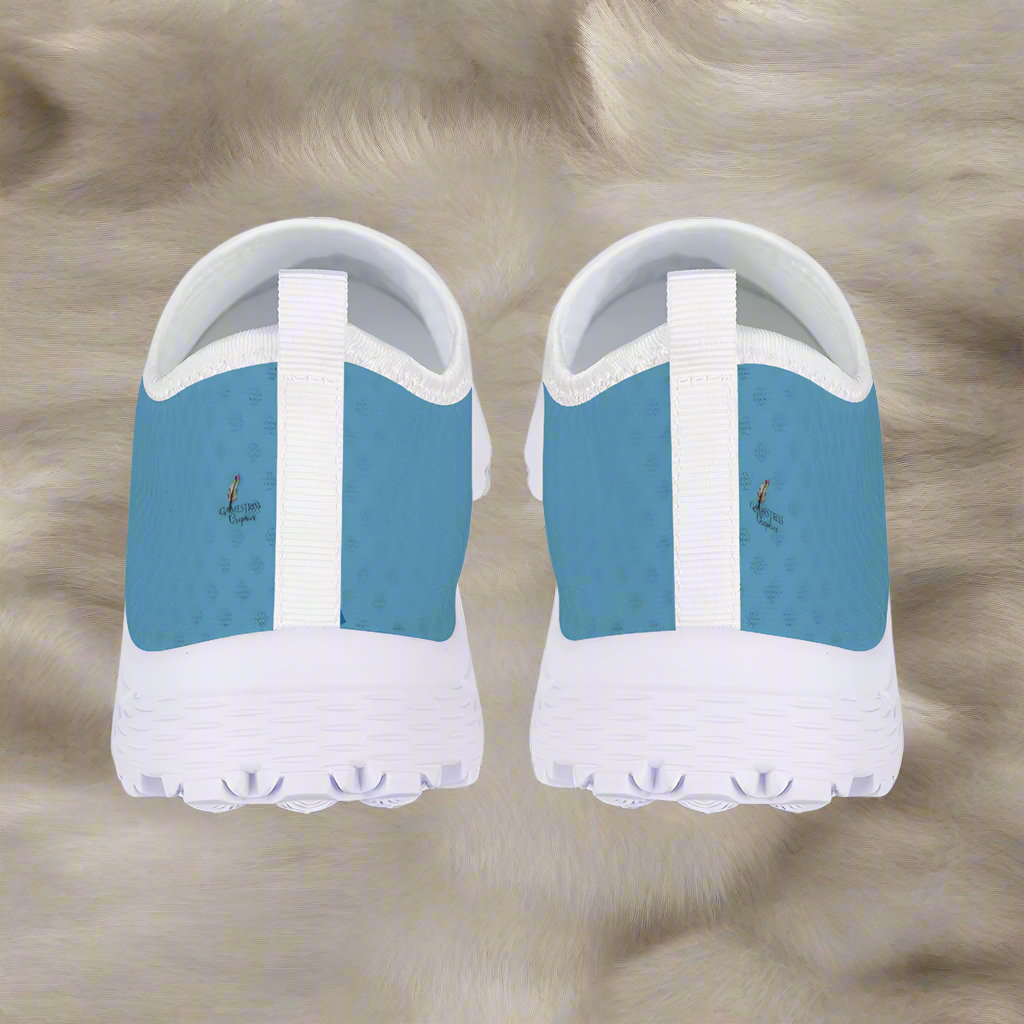 Introducing the "Not Here To Play Nice Cushion Kicks," a slip-on sneaker in sky blue with a white sole, designed with a breathable mesh upper and slip-resistant grip.