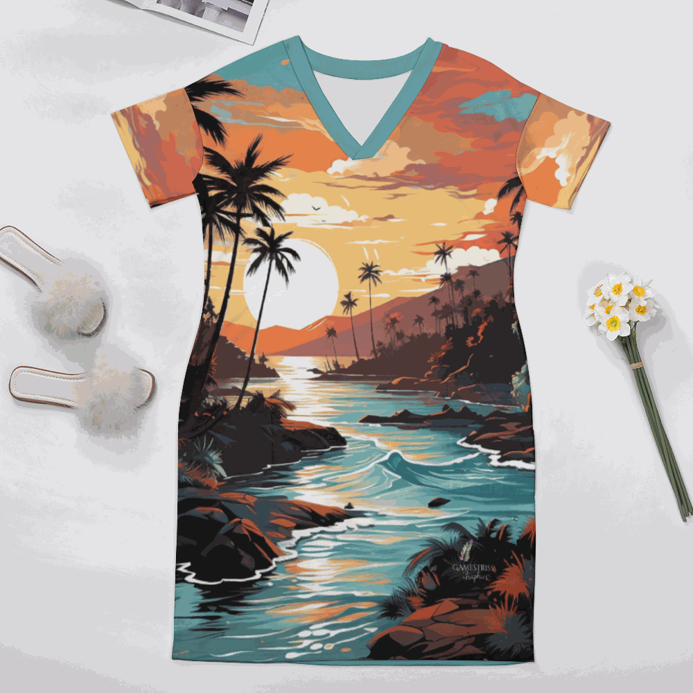 A person wearing an Ocean's ParaA woman wearing an Ocean's Paradise Women's V-neck Dress with Pockets featuring a tropical beach print design.dise Women's V-neck Dress with Pockets featuring a tropical beach print design.