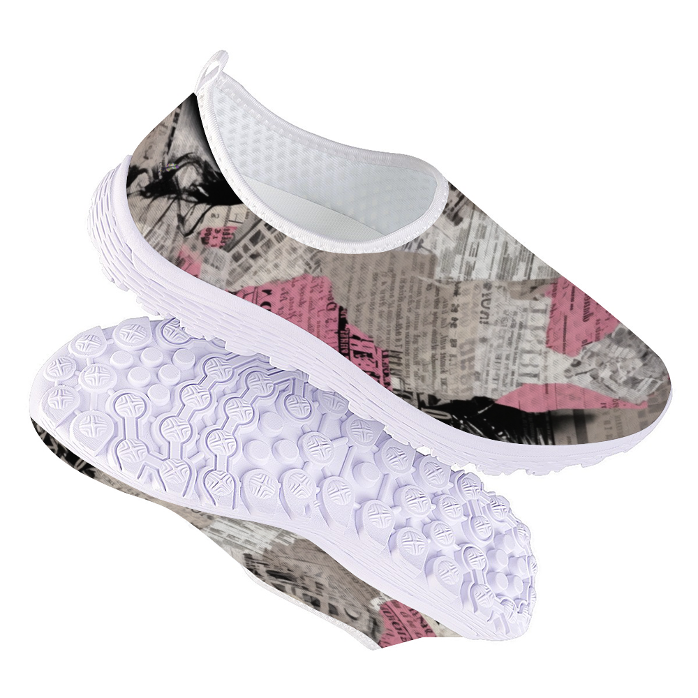 A lightweight slip-on sneaker featuring a pattern of torn newspaper articles in various shades of pink, black, and gray. Made with breathable mesh fabric for added comfort and style, the Pretty Confidential Non-Slip Lightweight Sneakers are perfect for any casual outing.